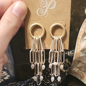 Gold Dangle Link Earrings with White Bead Accents